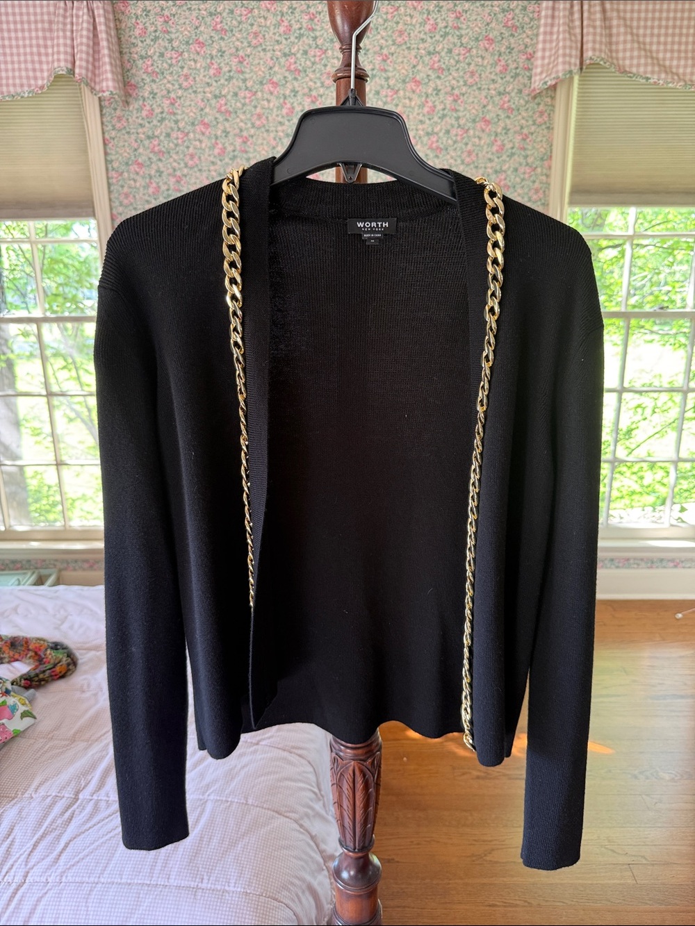 Worth Black Open Cardigan with Gold Chain Trim